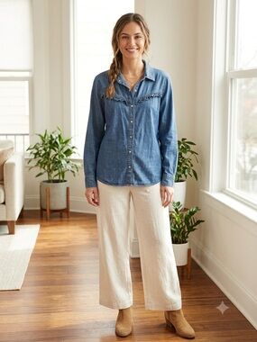 Live a little denim ruffle pearl snap front shirt, medium A+.